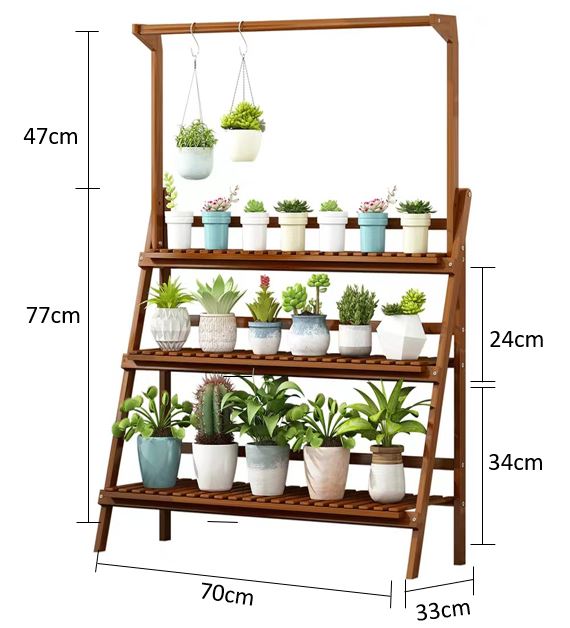 Bamboo Plant Rack Three Tier Rack Hanging Plant Shelf Foldable Ladder
