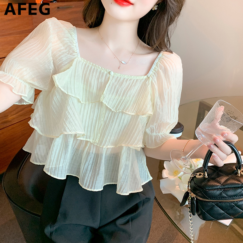 AFEG new Korean style square neck fashion loose all-match crumpled chiffon short-sleeved blouse for women