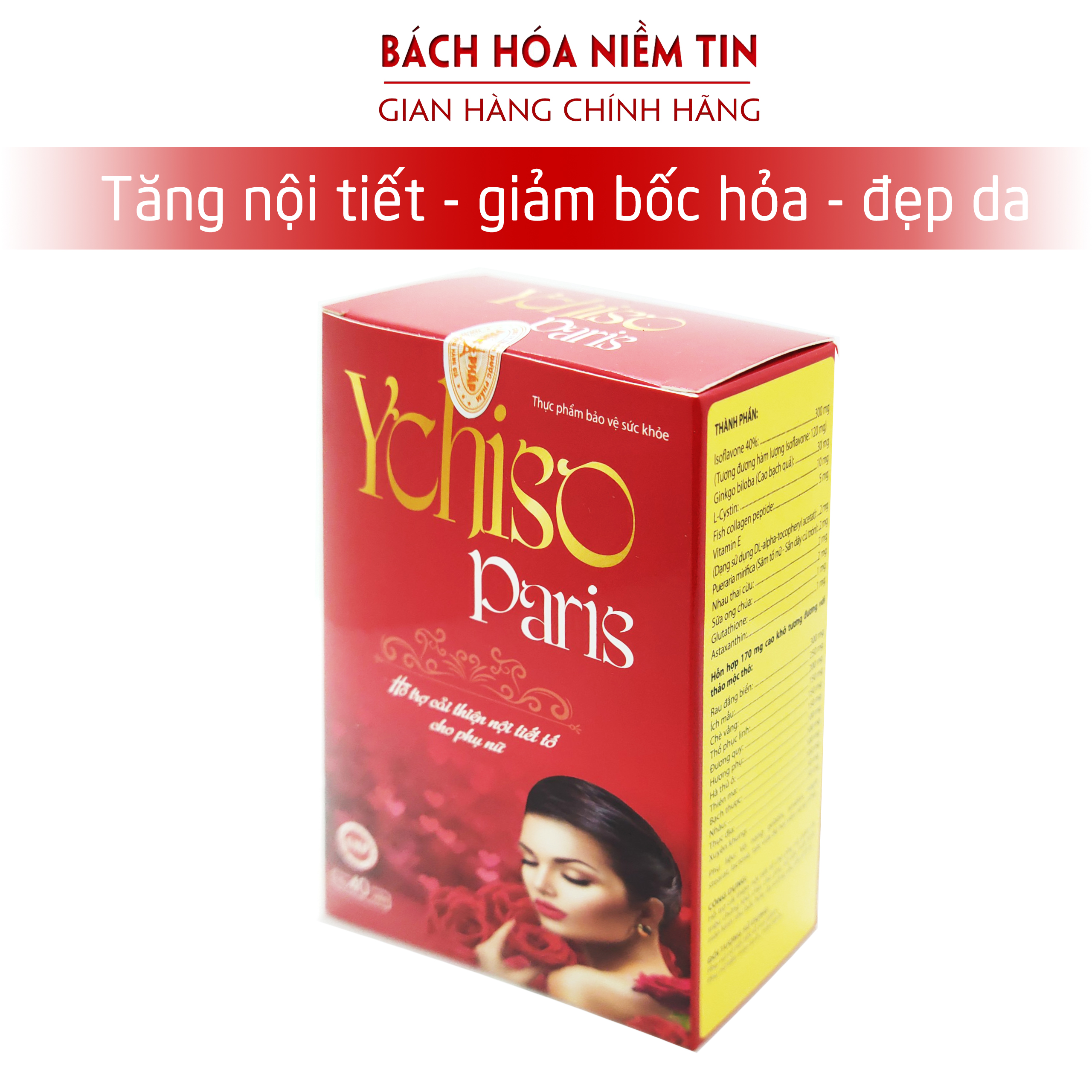 Viên uống làm sáng da, tăng cường nội tiết tố nữ YCHISO - PARIS - với Sữa ong chúa, Nhau thai cừu - Hộp 40 viên - Chuẩn GMP Bộ y tế