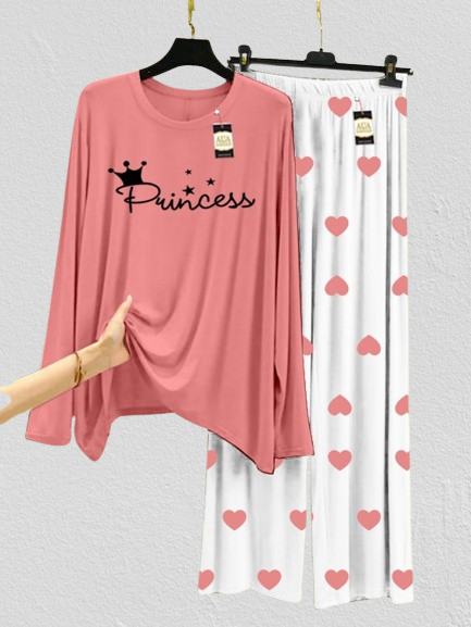 mix  Colour Princess Printed Lounge Wear Night Suit with Mini heart Printed Pajamas - Stylish Sleepwear Set For Women By Zaviyar Garments