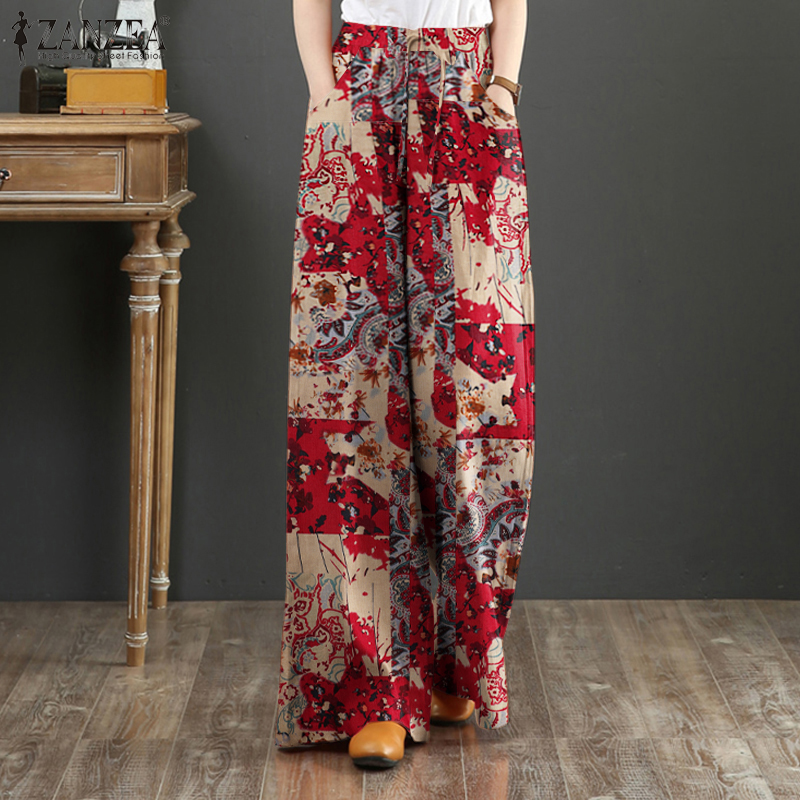 Cheap ZANZEA Floral Print Pants Womens High Waist Cotton Wide Leg