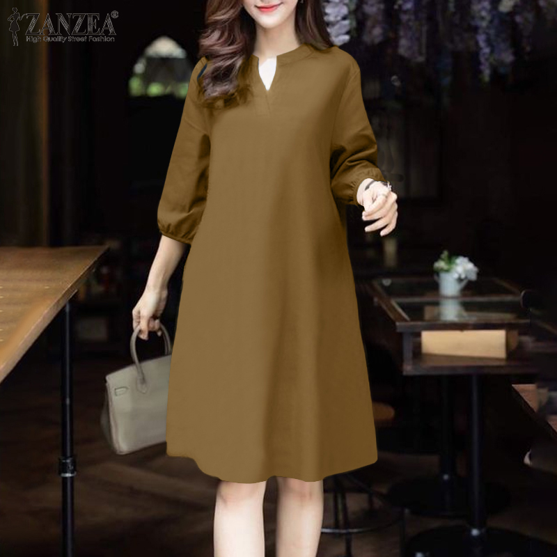 ZANZEA%20Korean%20Style%20Women%20Office%203/4%20Sleeve%20A-Line%20Sundress%20V-Neck%20Solid%20Knee%20Length%20OL%20Work%20Dresses%20-%20Image%202