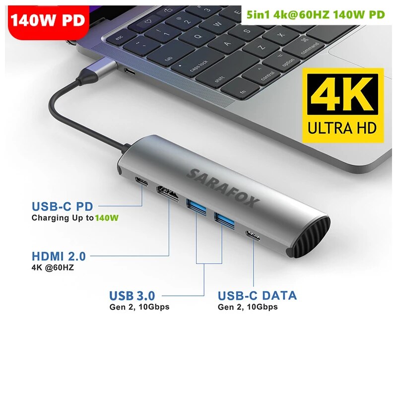 140w charger pd 3.1 hub docking station super speed 5g 10g multiport usb c hub reader 5 in 1 usb-c hub adapter