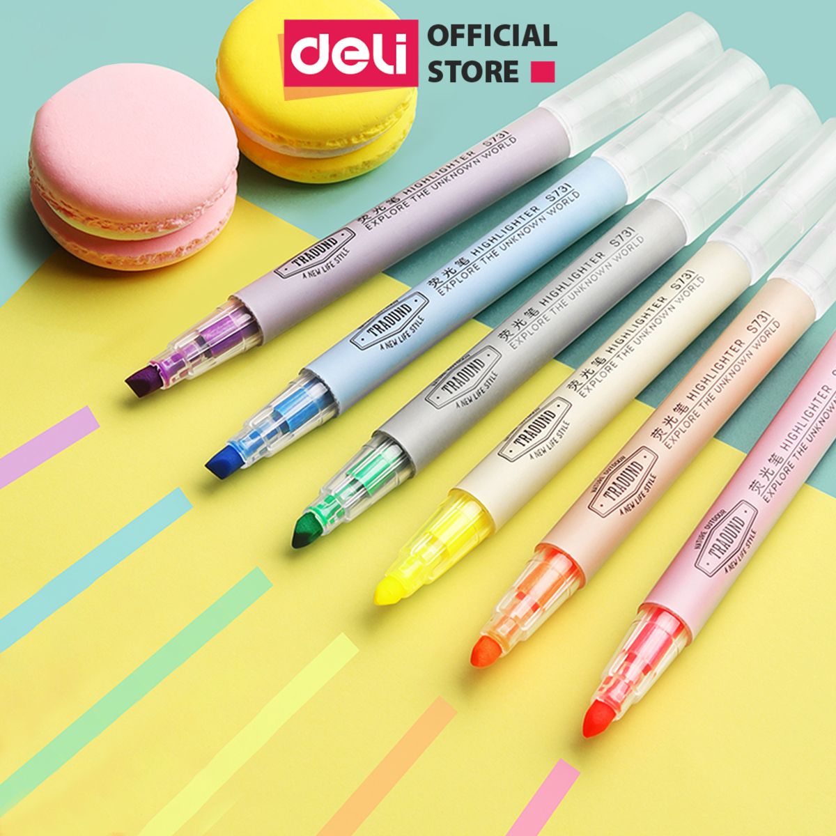 Bút highlight dấu dòng 6 màu xinh xắn Deli – bút dạ quang, bút nhớ dòng học sinh- 6c/hộp - S624