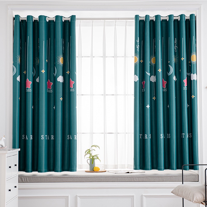 Rèm khoen lỗ, khoen ri đô, rèm dán tường mẫu sao in chữ xanh chống nắng decor trang trí nhà cửa, nhiều size