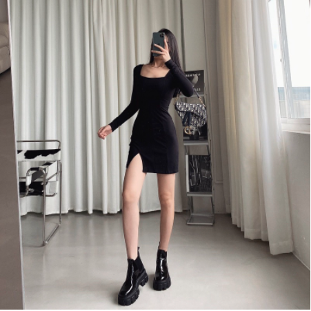 Đầm Body Thun Xẻ Đùi Tay Dài Quyến Rũ Cho Nữ Phong Cách Basic
