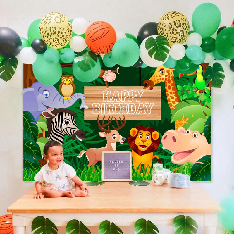 Jungle Safari Themed 7X5Ft Backdrop for Natural Rainforest Animals Birthday Party Dessert Table Decor Banner Background thumbnail