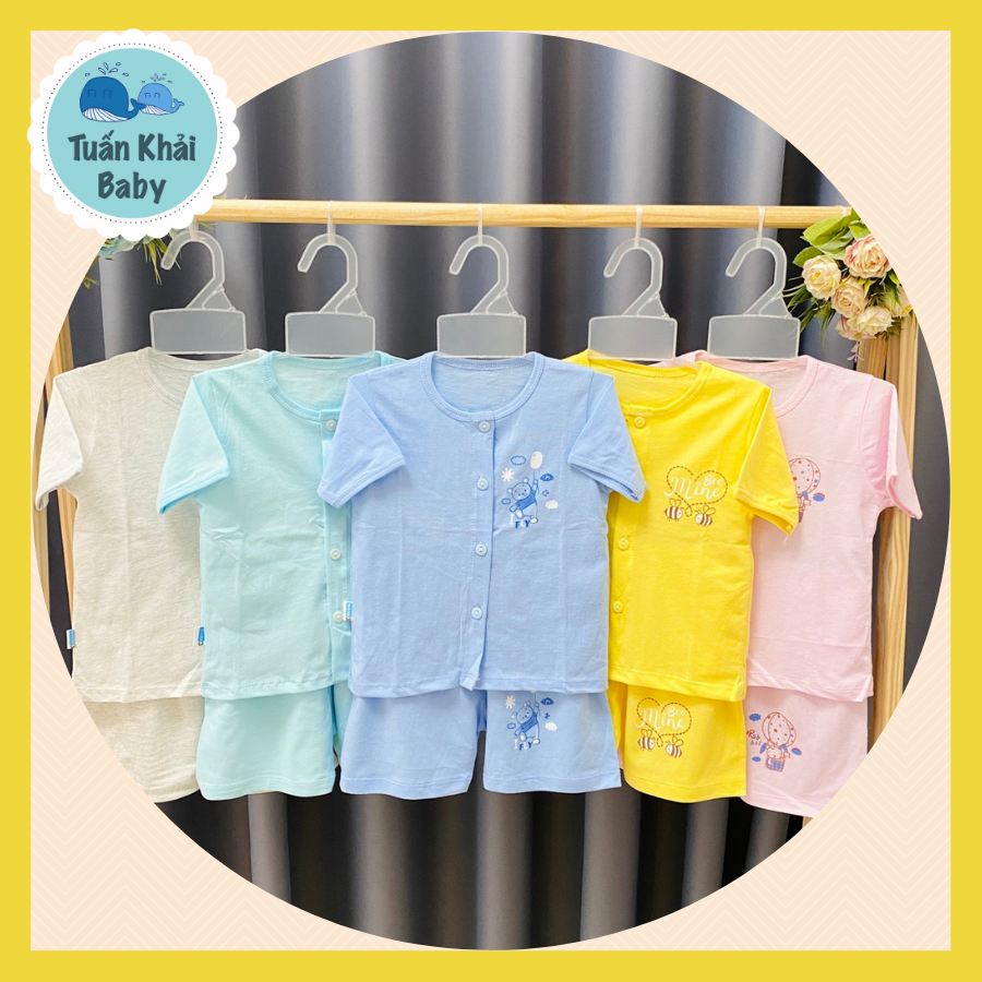 Bộ quần áo sơ sinh cotton Thái Hà Thịnh Mẫu Tay Ngắn Cài Nút Giữa Màu Size
