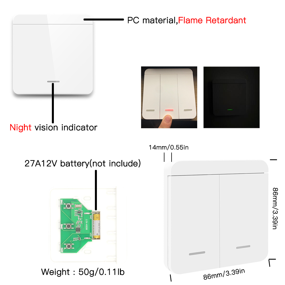 433MHz Wireless Light Switch Kit - 1/2/3 Gang Push Button Remote Control For Wall/Ceiling Lamps