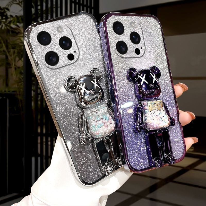 New Phone case iPhone 16 Pro Back cover with Cartoon 3D Bear Stand Luxury Slim Gradient Plating Glitter Girls Stylish For iphone16 Pro + Max case. 