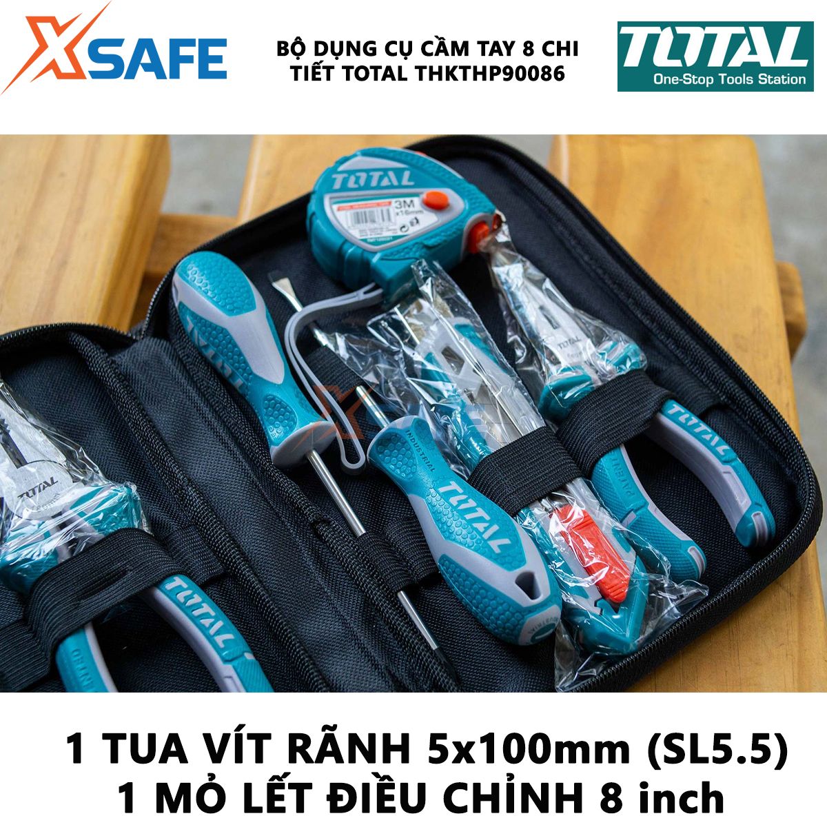 Bộ đồ nghề cầm tay 8 chi tiết TOTAL THKTHP90086 | bộ 8 dụng cụ cầm tay gồm thước cuộn, tua vít, mỏ lết