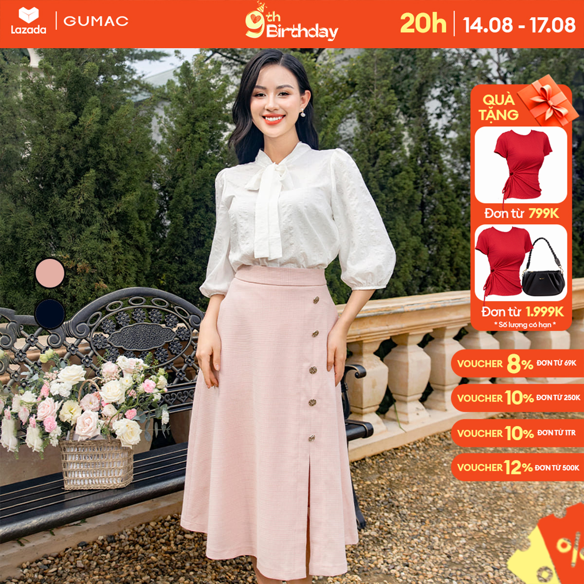 Váy xòe xẻ đính nút vd11049 thời trang gumac