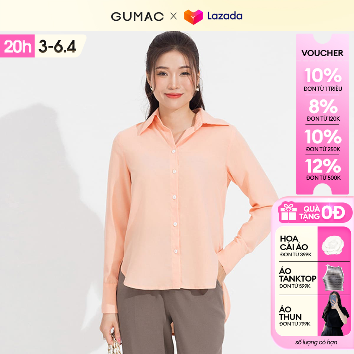 [15 - 17.5 |Voucher 8-12%] Áo sơ mi nữ đô kiểu GUMAC AD05050