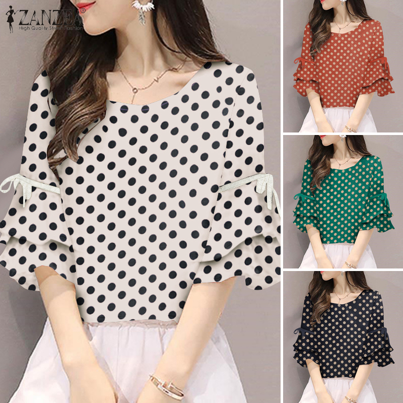 ZANZEA%20Korean%20Style%20Womens%20Elegant%20Ruffled%20Sleeve%20Polka%20Dots%20Blouses%20Ladylike%20Round%20Neck%20Lace%20Up%20Design%20Pullover%20-%20Image%205