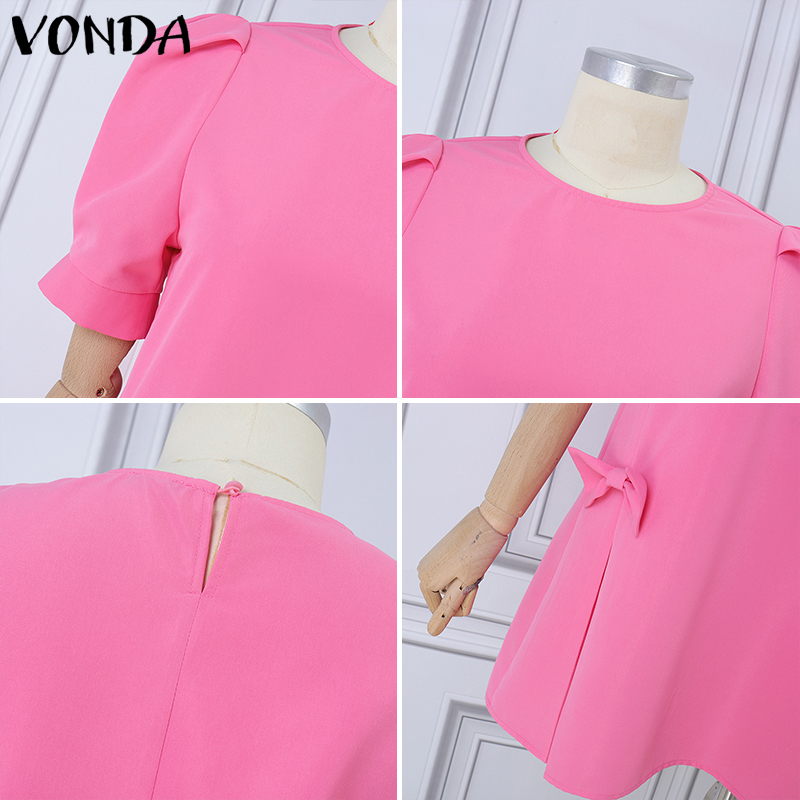VONDA%20Women's%20Girly%20Style%20Short%20Sleeve%20A-Line%20Dresses%20Bowknot%20Crew%20Neck%20Mini%20Dress%20(Korean%20Floral)%20#4%20-%20Image%206
