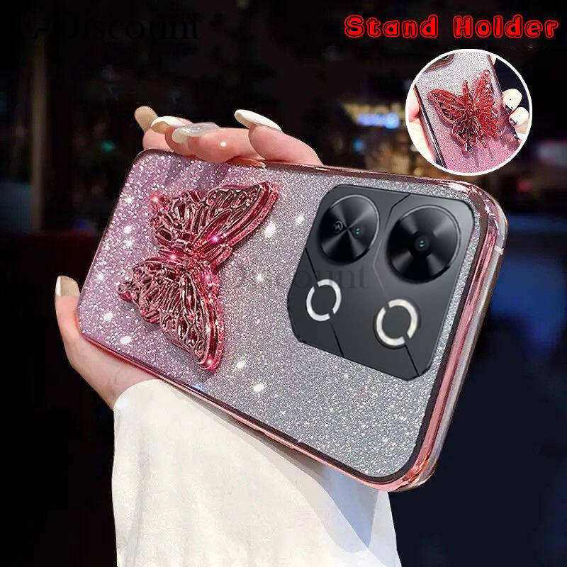 New Phone case itel P55 P70 P65 Back cover with Cute Butterfly Stand Luxury Slim Gradient Clear Plating Glitter Girls for itel P70 P55 P65 case. 