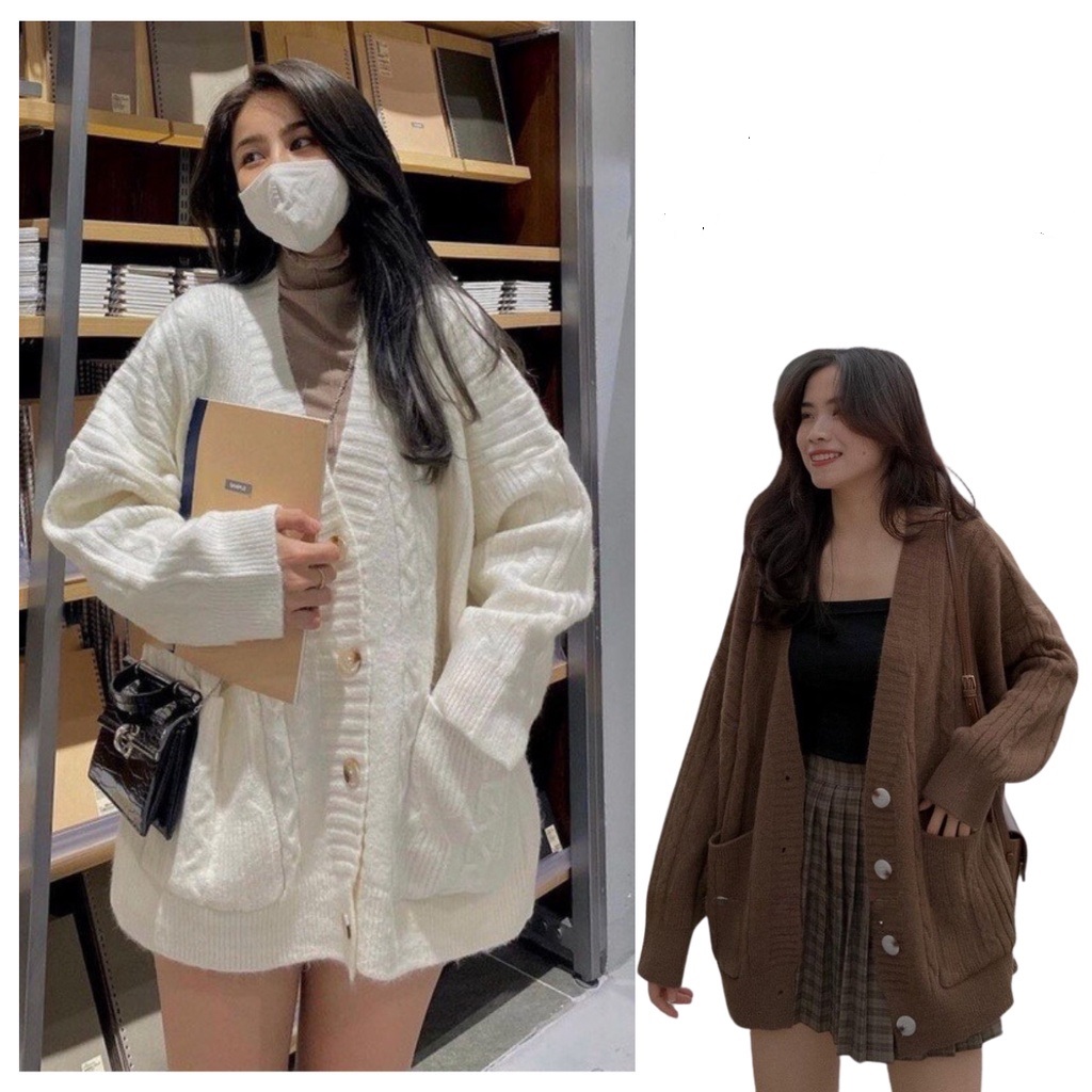 Áo khoác Cardigan len thừng dáng rộng có túi basic