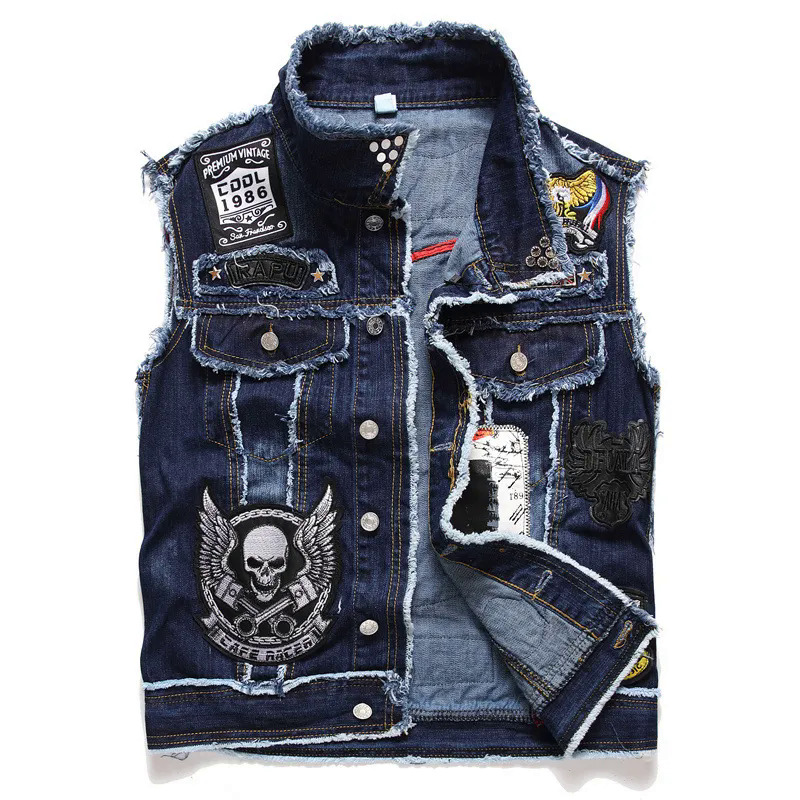 Người đàn ông denim áo ghi lê sọ thêu áo ghi lê không tay áo khoác mỏng phù hợp với đá đinh tán punk mens quần áo hip hop biker áo khoác