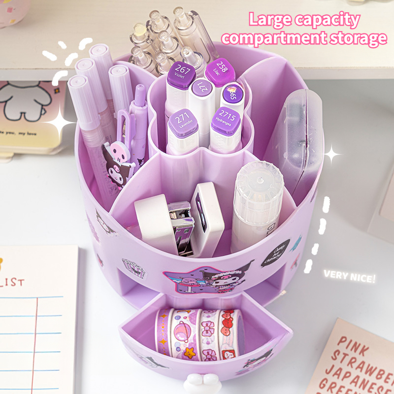 【LuckyBabyFans Store】360° Rotating Sanrio Kuromi Pen Holder Organizer Girls Large Capacity Stationery Box Kawaii Stikers Cinnamoroll.