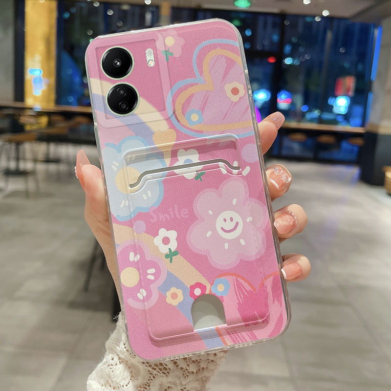 Phone Casing Xiaomi Redmi 13C New Design with Card Pocket Beautiful flowers sunny smiley face pattern Transparent Shockproof Soft rubber Case Redmi 13c Phone Cover