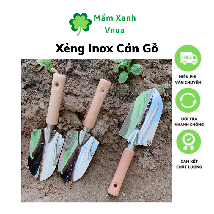 Xẻng làm vườn cầm tay inox cao cấp 28cm - xẻng cán gỗ nhật bản dt1080