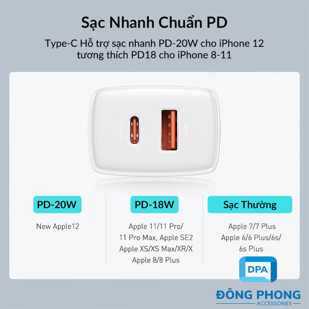 Củ Sạc Nhanh Đa Năng Baseus PD 20W Compact ( USB + Type C Dual Port, QC 3.0 Multi Quick Charge Support )