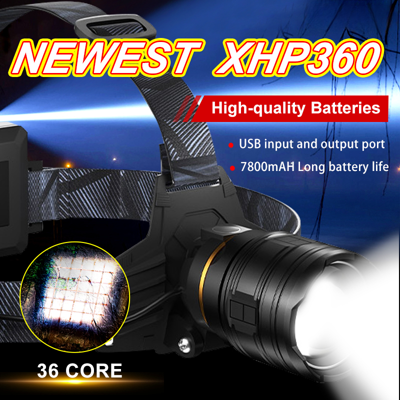New XHP360 36-Core Powerful Headlamp LED USB Flashlight Headlight Lantern Rechargeable Zoom Torch Light