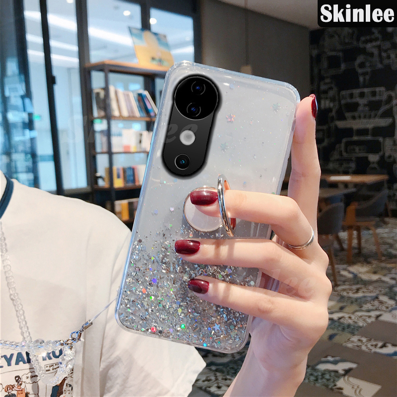 Phone case For Vivo V40 Back cover Glitter Starry Sky Bling Ring Lanyard Shiny Transparent Holder Stand Girls Soft Cover For Vivo V40 Pro Cover cases.