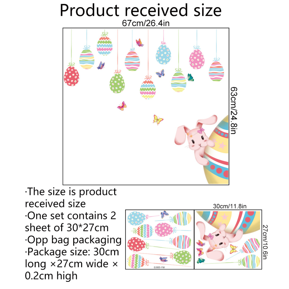 Osem Osem 2 Sheets Glass Stickers Double-sided Visual Colorful Easter Cartoon Egg Bunny Pastes for Showcase