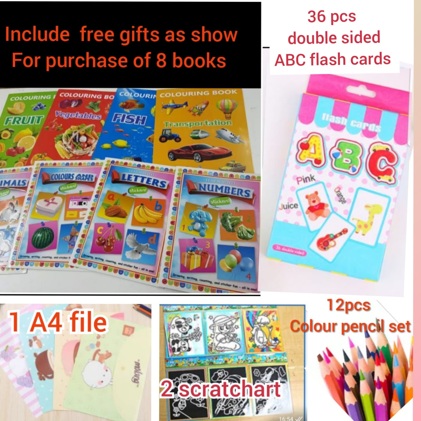 free gift - 8 x learning ABC education books and puzzle solving colouring  book Bundle value buy for kids children activities time / colouring book of  different topics animal , fruit ,
