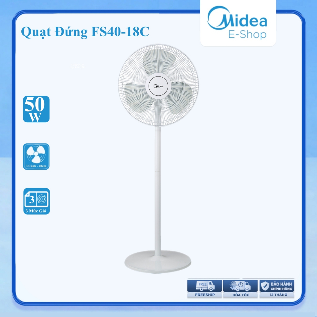 Quạt Đứng Midea FS40-18C / 18CB 50W - Quạt Cây 40cm 3 Cánh Gió Êm 2 Màu Trắng Đen