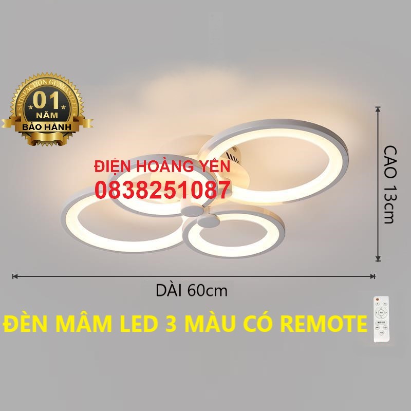 Đèn mâm led ốp trần 3 chế độ ánh sáng có remote