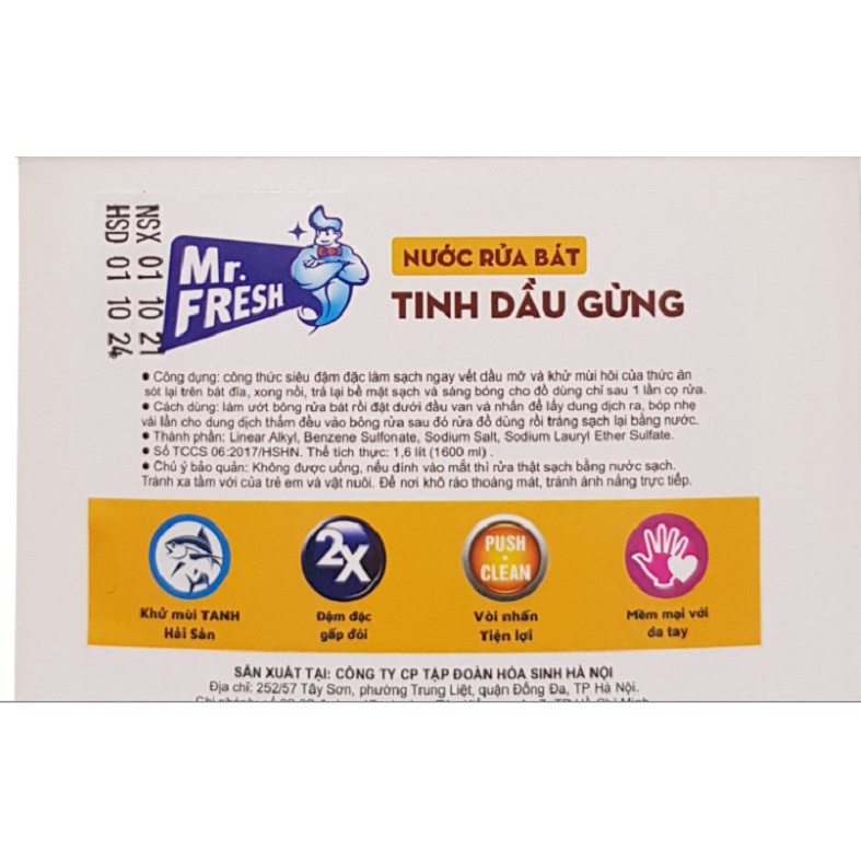 Nước rửa chén bát siêu sạch Mr Fresh 1,6L Tinh Dầu Gừng