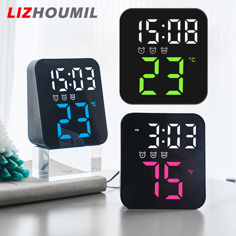 LIZHOUMIL Led Electronic Digital Alarm Clock With Temperature Time Date Display 2 Levels Adjustable Brightness Bedside Clock For Home Decor