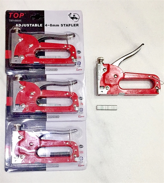 Súng bắn ghim gỗ, máy bấm ghim cầm tay, kìm dập gim đỏ hiệu top, bấm gỗ top đỏ tặng kèm đinh bấm gỗ