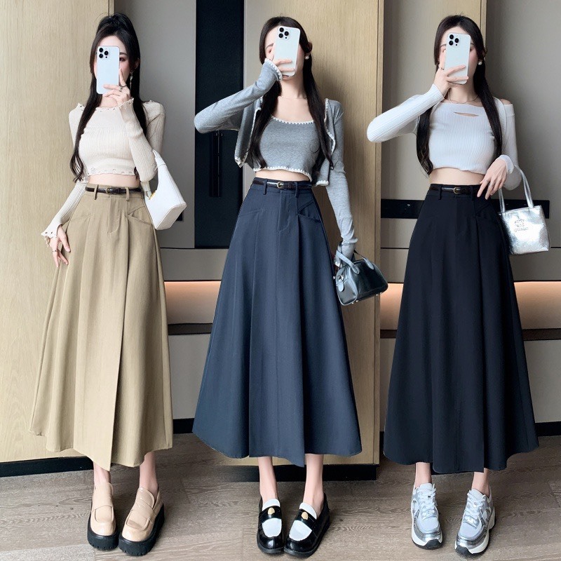 Basic Korean Style Long Flared Skirt