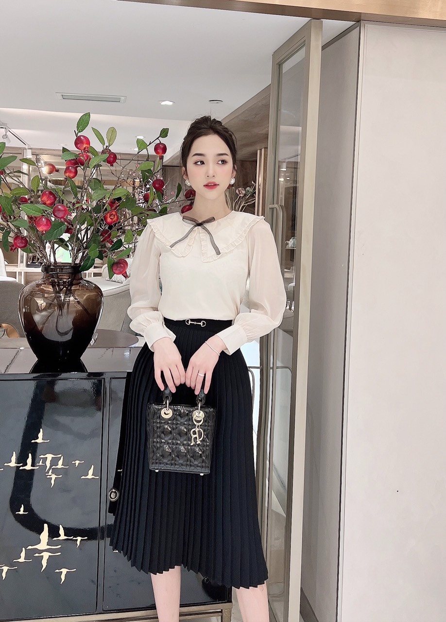 Áo sơ mi nơ đen công sở nữ mềm mát trẻ trung