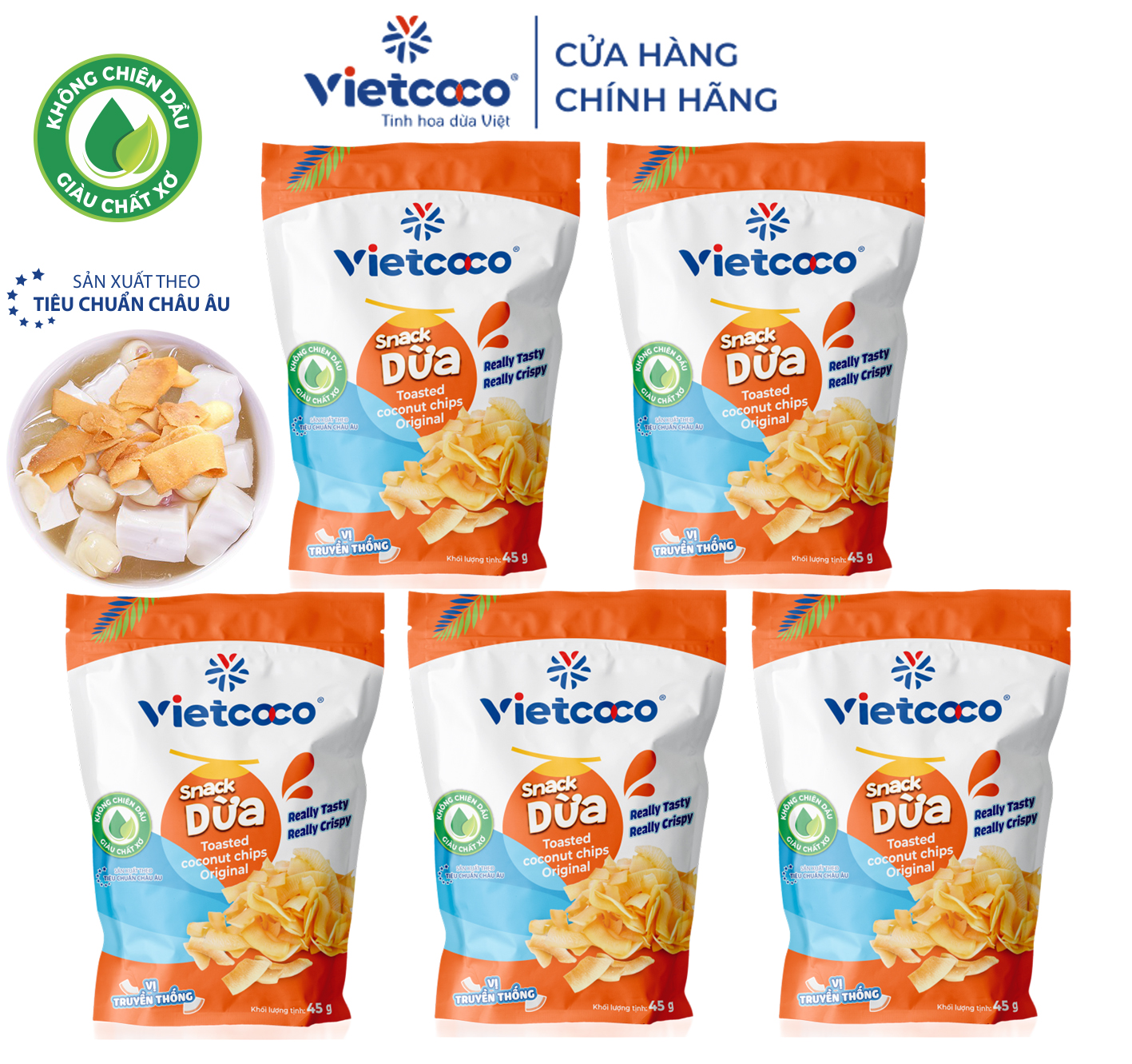 COMBO 5 GÓI DỪA NON SẤY DÒN VIETCOCO -ĐẶC SẢN BẾN TRE (TÚI 45 Gram)