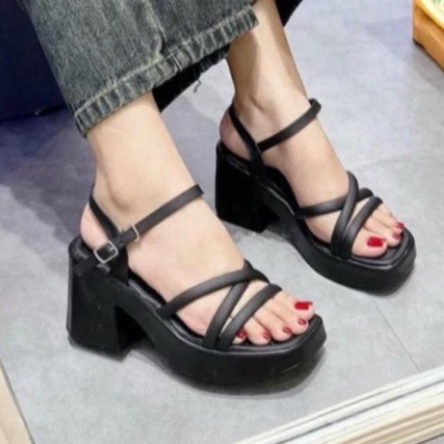 Giày Sandan quai chéo da mềm đế PU cao 7cm