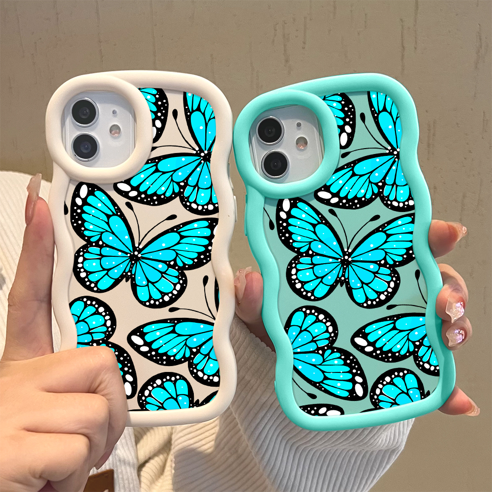 AMORVOR for OPPO A16 A16S A15 A15S A17 A17K Back Cover Sky Blue Butterfly Pattern Luxury Phone Case Macaron Wave Soft Silicone Mobile Cover.