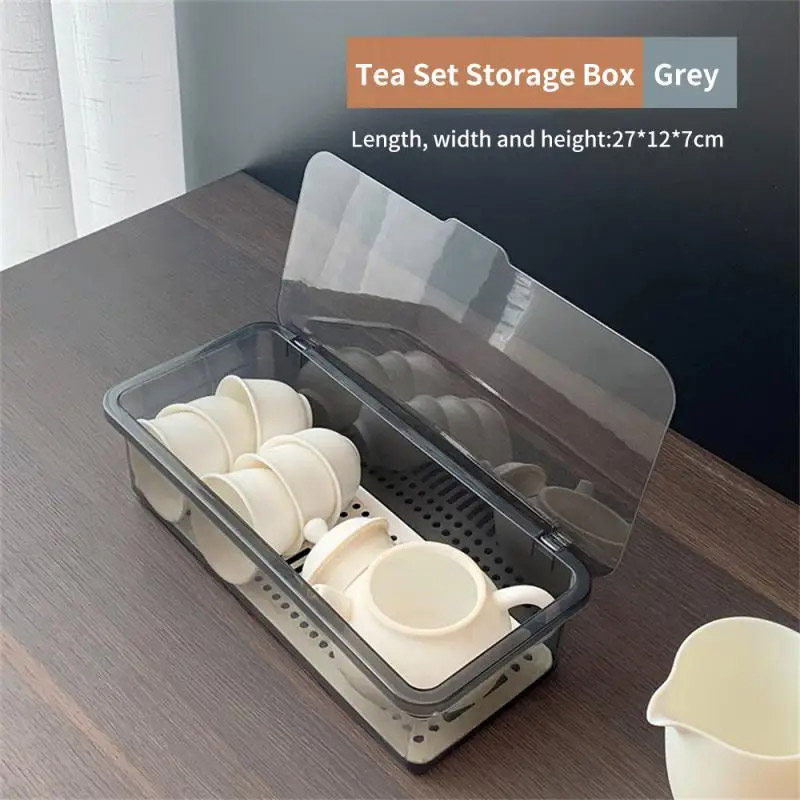 KS Tea set storage box double-layer desktop dust-proof storage box with lid kitchen chopstick storage box drain rack tray