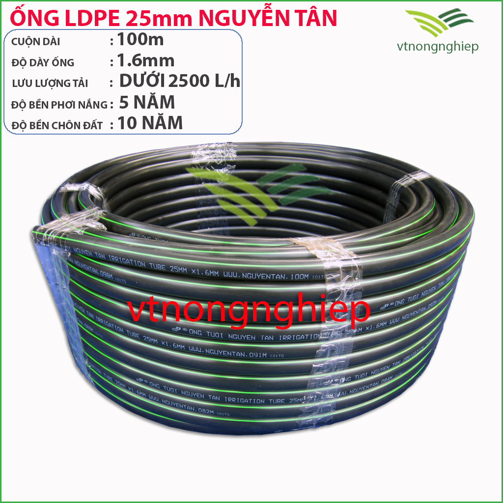 Ống tưới ldpe 25mm, cuộn dài 100m, dày 1.6ly, hiệu Nguyễn Tân, sử dụng cho hệ thống tưới cây tự động, béc tưới bù áp, béc tưới rau, béc tưới phun mưa