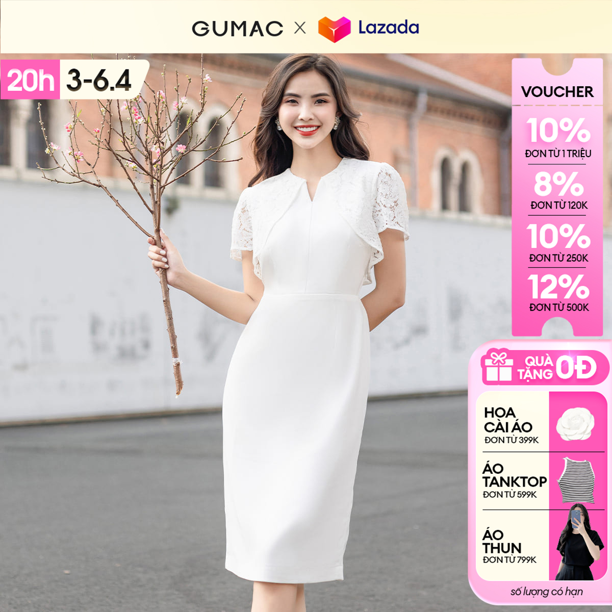 [25 - 29.6 |Voucher 10-14%] Đầm nữ bút chì phối ren thời trang GUMAC DE01075
