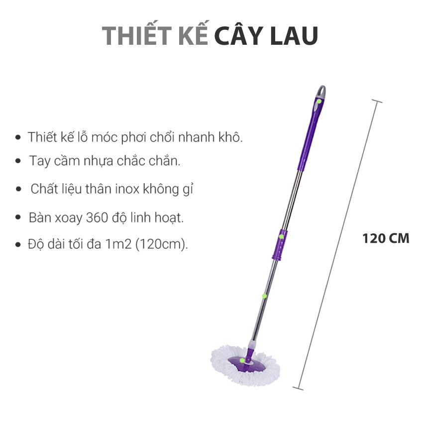 Bộ cán chổi lau nhà thái lan 360 độ có độ bền cao, dễ dàng lau sạch mọi vết bẩn, dễ di chuyển mọi nơi ( cây lau+ bàn+ bông lau )