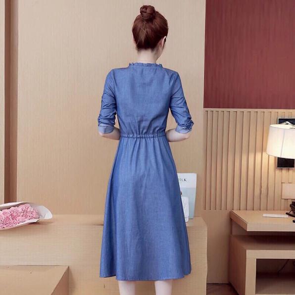 [HCM]ĐẦM JEAN CUT OUT CỔ BÈO DÂY RÚT EO