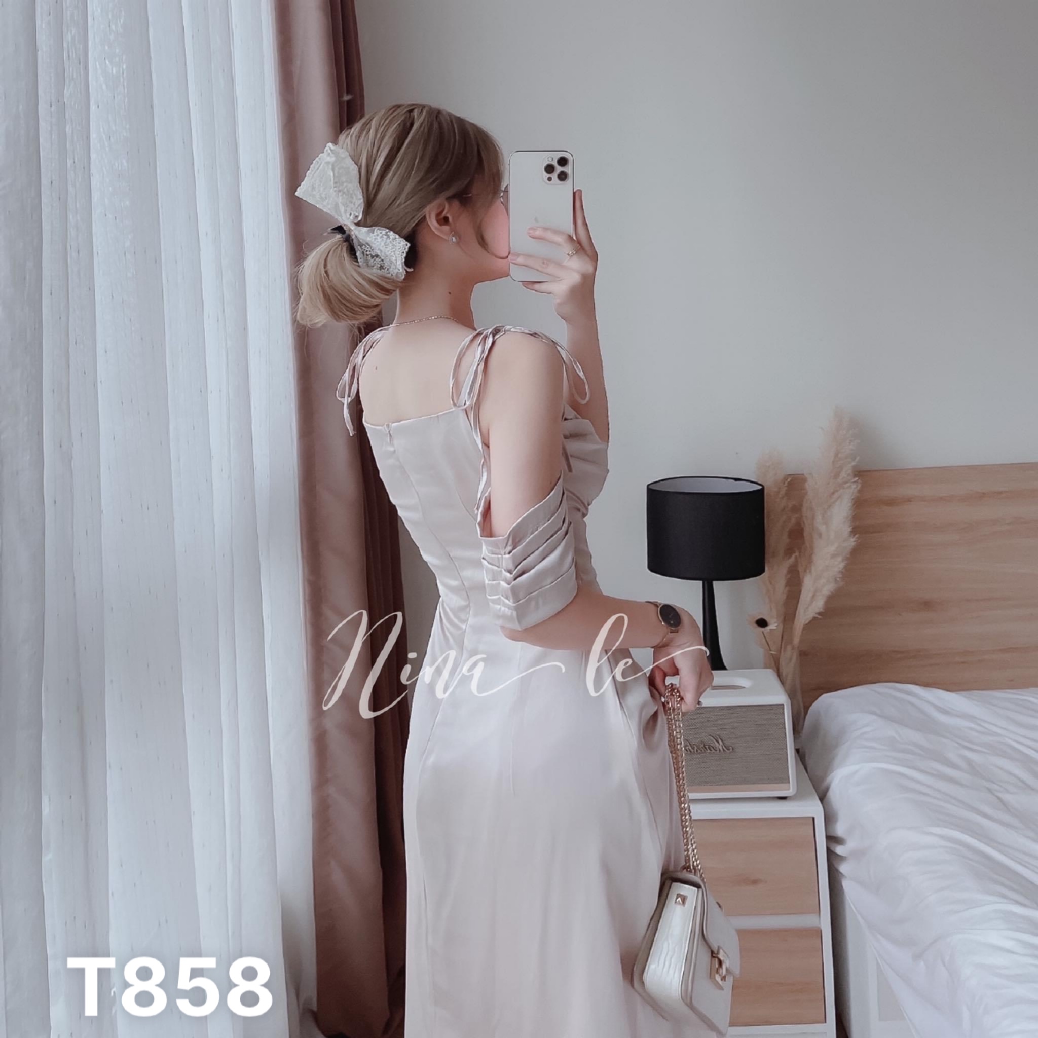 Đầm 2 dây cổ đổ có mút cao cấp dự tiệc dạo phố lụa satin T858