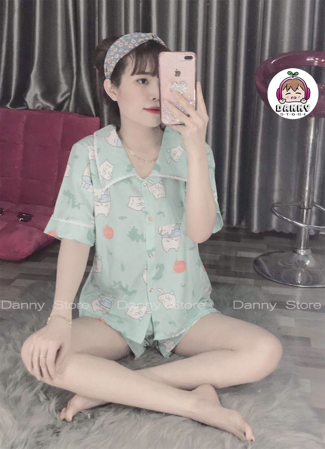 Đồ bộ Pijama ngắn, Đồ bộ lụa Mango họa tiết dễ thương cho nữ