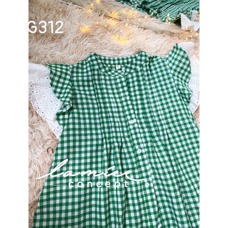 Đầm xoè caro xanh phối tay cánh tiên viền ren dạo phố G312