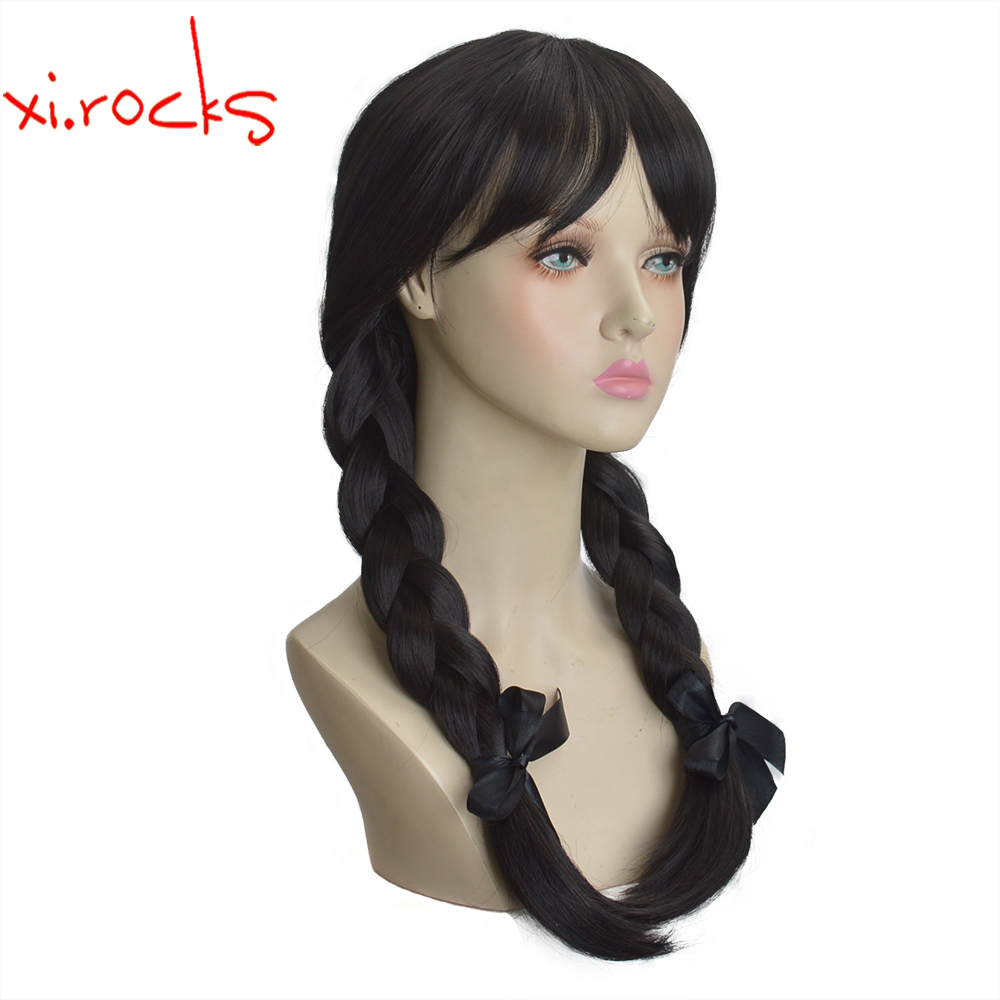 3622L Xi.Rocks Addams Wednesday Long Black Braids Hair Cosplay Heat ...