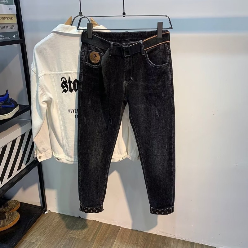 Hanlu High end printed jeans men's slim fit jeans fashionable denim pants tapered jeans